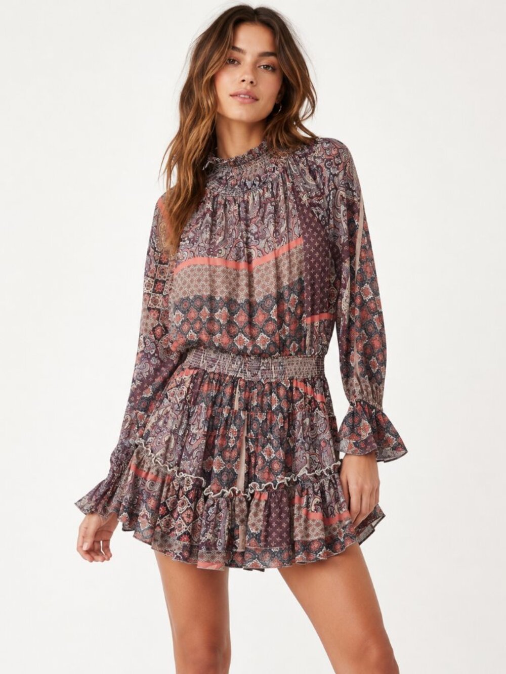 Fate Brown Paisley Floral Boho Mini Dress Womens M Ruffled Tiered Romantic Girly